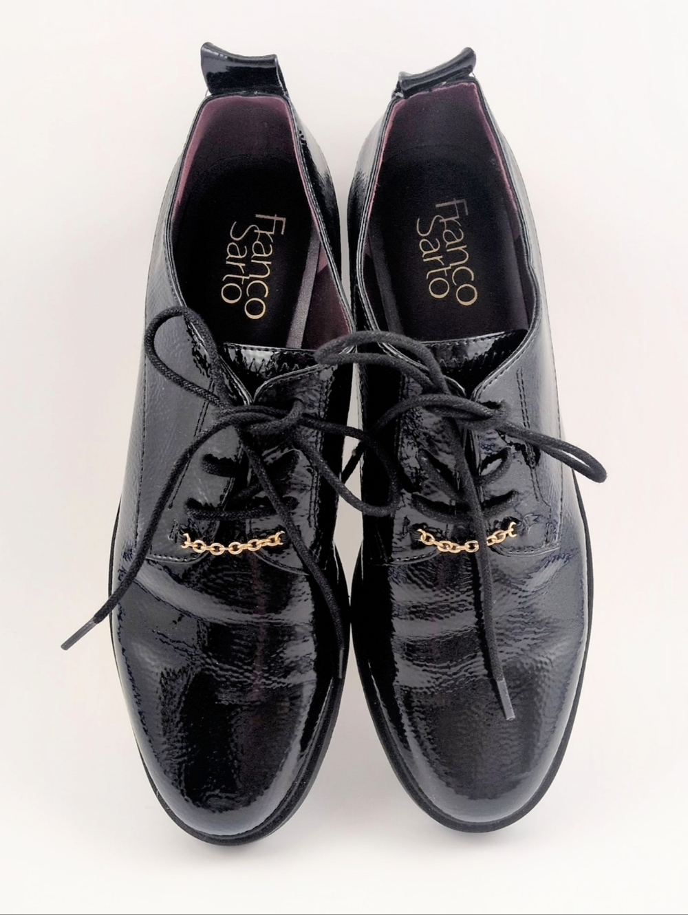 Franco Sarto Black Patent Lace-Up Oxfords with Gold Chain Accent